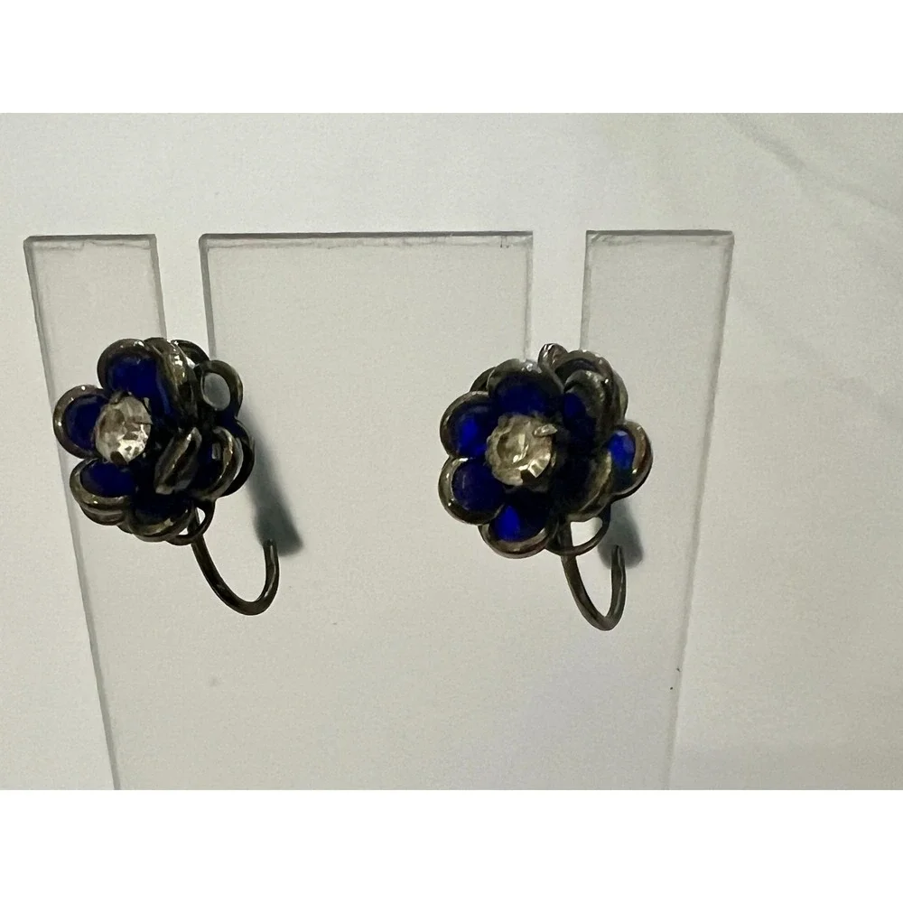 Vintage Cobalt Blue Glass‎ Floral Clip On Earrings Art Deco Rhinestone Flower